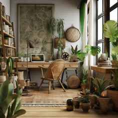 a room filled with lots of potted plants next to a wooden desk and chair