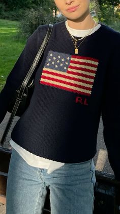 American Style Outfit, Polo Ralph Lauren Women Outfits, Ralph Lauren Sweater Outfit, Ralph Lauren Flag Sweater, Polo Ralph Lauren Outfits, Lauren Aesthetic, Ralph Lauren Aesthetic, Brown Sweaters, Hair Luxury