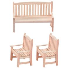 two wooden chairs and a bench sitting next to each other in front of a white background