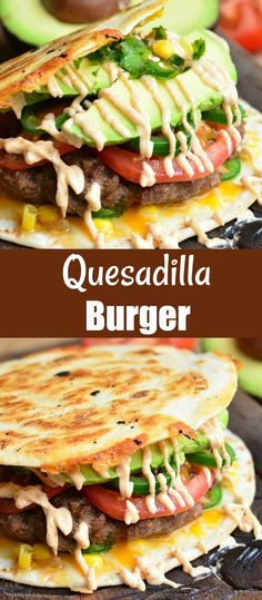 two quesadilla burgers with lettuce, tomatoes and cheese on them