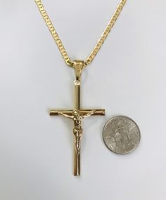 "18K GOLD FILLED CROSS NECKLACE . FOR GOOD LUCK,PROTECTION,HEALTH AND ANY KIND OF DIFFICULTY .24\" LONG CHAIN. PENDANT SIZE: 55 X 28 mm 18K GOLD FILLED CADENA DE CRUZ . PARA PROTECCION,BUENA SUERTE,SALUD Y PARA CUALQUIER CASO DIFICIL.24\" LARGO CADENA. TAMANO DEL DIJE: 55 X 28 mm" Jesus Necklace, Figaro Necklace, Cross Jesus, For Good Luck, Pompano Beach, Evil Eye Pendant, Jesus On The Cross, Chain Pendant, Long Chain