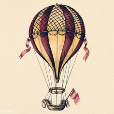 a drawing of a hot air balloon with ribbons on it's tail and wings