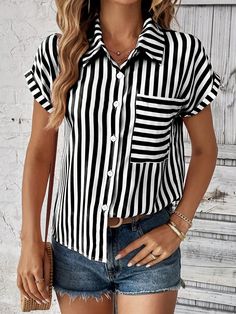 Batwing Sleeve Shirt, Pinstripe Shirt, Slim Fit Top, Tshirt Outfits, Casual Black, Button Front Shirt, Dress And Heels, Kids Beachwear, White Casual