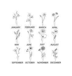 the months of flowers are shown in black and white