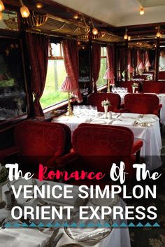 the interior of a train car with tables and chairs set up for an event or dinner