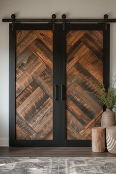 two large wooden doors with black hardware on them