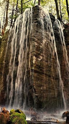 there is a large waterfall in the woods