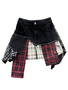 Streetwear Patchwork Plaid Denim Mini Skirt - SHExFAB Trendy Black Skirt With Patchwork, Denim Patchwork Skirt For Fall, Black Patchwork Cotton Skirt, Black Cotton Patchwork Skirt, Patchwork Denim Mini Skirt For Summer, Summer Patchwork Denim Mini Skirt, Black Denim Punk Skirt, Fall Denim Patchwork Skirt, Black Punk Denim Skirt