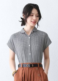 "you can wear it as a casual tops for travelling, having a picnic with your friends, dating and shopping, Perfect for lazy days that you want to sustain a chic and stylish appearance. Also you can pair it with skirt, suspender pants, suspender skirts just like model. DETAIL * More colors available https://etsy.me/3AiQsXb * cotton tops * no liner * button up shirts * collared neckline * straight style * split side hem * short sleeve * Perfect summer spring autumn * Dry clean * The model is 168 cm Button Down Shirt Outfit Short Sleeve, Trendy Summer Blouse With Placket, Casual Cotton Blouse For Picnic, Casual Summer Blouse With Placket, Summer Plaid Tops With Placket, Summer Gingham Button-up Tops, Summer Gingham Top With Button Closure, Plaid Buttoned Tops For Summer, Plaid Tops With Button Closure For Summer