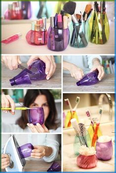 there are pictures of different things being used to make makeup brushes and other items in vases