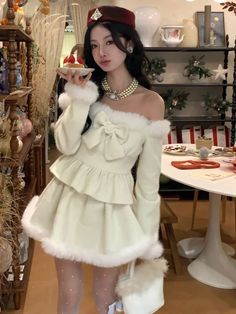 Plush Off-the-shoulder Neckline White Long Sleeves Top Winter Kawaii, White Harajuku Tops For Winter, Winter Harajuku Long Sleeve Dresses, Korean Fashion Dress Elegant, Fur Coat Aesthetic, Off The Shoulder Sweater Coquette, Kawaii Off Shoulder Sweater, Pink Long Sleeve Kawaii Dress, White Off Shoulder Dress