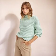 -Relaxed Fit -High Neckline In Rib -Sleeve Cuff And Hem Band In Rib -Diagonal Rib Detail On Body & Sleeve -Medium To Heavy Weight Knit Shell: 100% Cotton Sleeve Cuff, Mint Color, High Neckline, Heavy Weight, Knit Sweater, Knitted Sweaters, Sweaters For Women, Turtle Neck, Mint