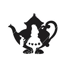 a black and white silhouette of a teapot with a cat on it's back