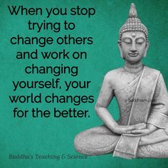 buddha quote with green background saying when you stop trying to change others and work on changing yourself, your world changes for the better