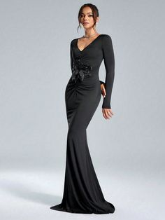 Women's Fashionable And Elegant V-Neck Solid Color Pleated 3D Three-Dimensional Flower Knitted High Elastic Black Party Cocktail Dinner Dress Formal Evening Dress (Exquisite Craftsmanship), Women's Fishtail Hip-Wrapped Long Dress With Extra Large Swing Volume, Long Sleeve Prom Dress, For Wedding Guest, Graduation Black Elegant  Long Sleeve Knitted Fabric Colorblock,Plain Bodycon High Stretch  Weddings & Events, size features are:Bust: ,Length: ,Sleeve Length: Black Gown With Gloves, Dinner Dress Formal, Black Velvet Gown, Cocktail Dinner, Long Sleeve Prom, Velvet Gown, Elegant Prom Dresses, Formal Evening Dress, فستان سهرة