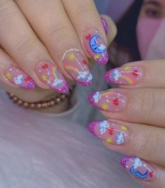 Girly Pop Nails, Original Nails Designs, Rainbow Cloud Nails, Uwu Nails, Candy Nails Designs, Japanese Inspired Nails, Cute Colorful Nails, Kidcore Nails, Summer Nails 2023 Gel