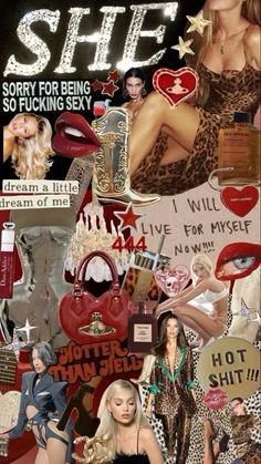 a collage of photos and words with women's clothing, accessories, and other items