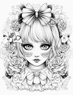 a drawing of a girl with flowers and butterflies around her head, in black and white