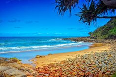 a beach with rocks and palm trees on the shore next to the water's edge