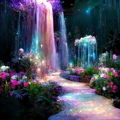 an image of a waterfall in the middle of flowers