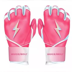 the pink and white baseball glove has a lightning bolt on it's left hand