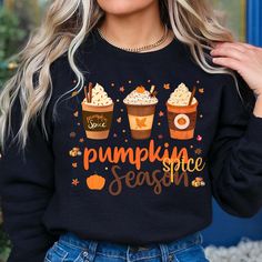 Stay cozy and trendy this fall with our Pumpkin Spice Latte Sweatshirt. Sip, savor, and wear your love for fall's favorite brew! Welcome to our store!  Our products are of the highest quality, and we guarantee 100% customer satisfaction! Meet Me At The Pumpkin Patch Shirt for pumpkin harvest day. Fall Tshirt. * Gildan Unisex. * This design will be made with DTF film print. * Printed in the USA. SIZE  * Take a look at the photos to see specific sizing chart for this shirt style. * Lay your good f Fall Hooded Sweater With Letter Print, Cute Cozy Fit Tops For Fall, Cute Black Fall Sweatshirt, Cute Black Sweatshirt For Fall, Cute Hooded Fall Sweater, Cute Fall Loungewear Sweatshirt, Cute Long Sleeve Fall Sweatshirt, Cute Long Sleeve Sweatshirt For Fall, Cute Graphic Print Sweater For Fall