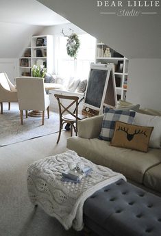 a living room filled with lots of furniture and decor on top of carpeted floors