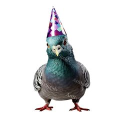 a pigeon with a party hat on it's head is standing in front of a white background