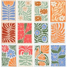 an assortment of different colored flowers and leaves in square designs on white paper with blue, orange