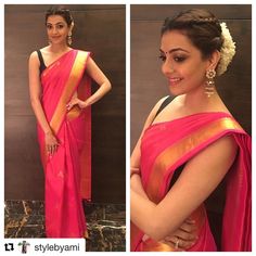 Love this saree 😍 #Repost @stylebyami (@get_repost) ・・・ My gorgeous @kajalaggarwalofficial in a special handwoven kancheepuram silk weave with bunny motifs #stylebyamiXmadhurya @madhurya_creations for the audio release of her next #nenerajunenemantri in Hyderabad today! 💖💖💖 told ya someone special was going to wear it 😊😍 Hairstyles On Saree For Farewell, South Indian Bridesmaids, Hairstyles On Saree, Saree For Farewell, Indian Hairstyles For Saree, South Indian Hairstyle, Bridesmaids Hairstyle, Kajal Agarwal Saree, Saree Hairstyles