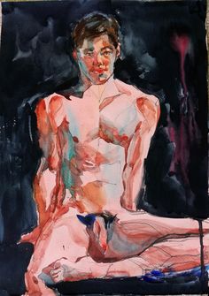 a painting of a naked man sitting on the ground in front of a black background