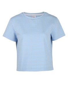 DETAILS: Blue Gingham check short sleeve top 97% polyamide, 3% elastane Machine wash SIZE & FIT: Fits true to size Length: 19 1/8" Bust: 18 3/8" Bottom: 19 3/8" Model is 175cm/ 5'9" and is wearing a size Small Gingham Cotton Short Sleeve Tops, Casual Gingham Crew Neck Top, Short Sleeve Gingham Tops For Spring, Spring Gingham Short Sleeve Tops, Summer Plaid Crew Neck Top, Plaid Crew Neck Top For Summer, Plaid Short Sleeve Tops For Work, Blue Gingham, Gingham Check