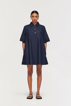 Wardrobe List, Grace Dress, Short Sleeve Denim, Denim Waistcoat, Runway Outfits, Contrast Top, Denim Midi Dress, Denim Pocket, London Street Style