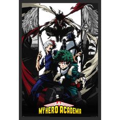 an anime poster with the characters from my hero academy and their name on it's back