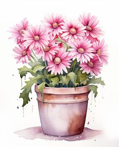 a painting of pink flowers in a pot