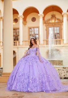 The fabric in this Princesa by Ariana Vara Quinceanera dress is Embroidered Lace, Glitter Tulle?Beading, Stone Accents . Detachable Butterfly Cape Included Butterfly Quince Dress, Butterfly Quince, Princess Sweet 16, Purple Ball Gown, Purple Quinceanera, Easter Dress Toddler, Purple Quince, Quinceanera Collection, Off Shoulder Ball Gown