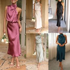 Women's Ruched Satin Solid Color Elegant Wedding Guest Dress Slip Skirt Outfit, Birthday Fit, Elegant Wedding Guest Dress, Shower Dress, Office Birthday, Mid Skirt, Long Slip, Dance Recital, Party Summer