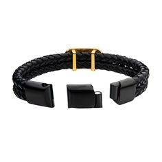 Men's black leather with gold plated longhorn bracelet Black Chain Bracelet With Adjustable Stainless Steel Clasp, Adjustable Black Chain Bracelet With Stainless Steel Clasp, Classic Adjustable Black Chain Bracelet, Formal Black Braided Bracelets With Stainless Steel Clasp, Formal Black Braided Bracelet With Stainless Steel Clasp, Formal Black Leather Braided Bracelets, Modern Black Bracelets For Business, Classic Black Wristband For Formal Occasions, Black Leather Bracelet With Stainless Steel Clasp For Business