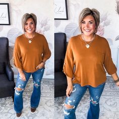 Made for cozy weekends and casual adventures, this boxy top is your new go-to for laid-back style. Its soft, lightweight hacci knit fabric and relaxed, oversized fit embody effortless comfort, while 3/4 sleeves and a round neckline exude simple... Comfortable Brown Tops For Everyday, Comfy Brown Tops For Loungewear, Fall 3/4 Sleeve Tops For Loungewear, Comfortable Brown Tops For Fall, Oversized Brown Soft Knit Tops, Casual 3/4 Sleeve Tops For Everyday, Casual Brown Tops With 3/4 Sleeves, Brown Casual 3/4 Sleeve Top, Rachel Clark