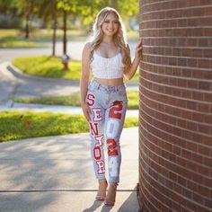 Jeans | Custom Senior Jeans | Poshmark Senior Jeans Red And White, Senior Pants 2025, Senior Jeans Painted 2025, Senior Hoco Jeans, Senior Homecoming Jeans, Senior Year Jeans, Hoco Jeans Painted, Senior Jeans Ideas, Senior Sunrise Outfits