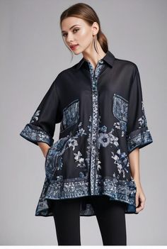 size curve blouses crane print loose oversized blouse 106789 Semi-formal Collared Tops For Spring, Casual Fall Blouse For Semi-formal Occasions, Casual Semi-formal Blouse For Fall, Casual Blouse For Semi-formal Fall Occasions, Casual Printed Blouse For Party, Summer Office Blouse With 3/4 Sleeves, Spring Office Trendy Blouse, Trendy Summer Blouse With Half Sleeves, Casual Spring Party Blouse