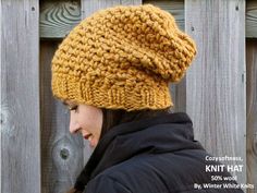 Knit hat slouchy beanie hat mustard yellow by WinterWhiteKnits Knitted Fall Bonnet, Knitted Beanie Bonnet For Fall, Brimmed Knit Crochet Hat For Winter, Knitted One Size Hat For Fall, Knit Crochet Cap For Cold Weather, Knitted One-size Hat For Fall, Knitted One-size Fall Hat, One Size Knitted Hat For Fall, One Size Knitted Fall Hat