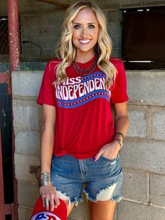 FINAL SALE - NO RETURNS - NO EXCHANGES Miss Independence Graphic Tee by Texas True Threads Red, ultra soft graphic tee Perfect addition to your Patriotic Tee Collection that can be worn year round True to size fit or size down for a slimmer fit Red Slogan Graphic Tee, Casual Red Slogan Top, Red Relaxed Fit Slogan Top, Red Tops With Text Print For 4th Of July, Casual Red T-shirt For 4th Of July, Red Graphic Print Tops For 4th Of July, Red Screen Print Top For 4th Of July, Red Relaxed Fit T-shirt For 4th Of July, Miss Priss