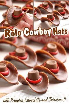 a collage of photos showing how to make cowboy hats with chocolate and twizzlers