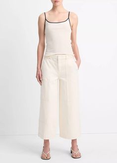 Pima Cotton Tipped Camisole in Tank Tops | Vince Beige Cotton Camisole With Tank Straps, Spring Cotton Bottoms With Contrast Trim, Everyday Cotton Bottoms With Contrast Stitching, Everyday Cotton Camisole, Beige Cotton Tank Top For Work, Cotton Tank Top For Spring Workwear, Cotton Tank Top For Workwear In Spring, White Cotton Bottoms With Contrast Trim, Chic Cotton Tank Camisole