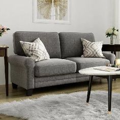 a living room with a gray couch and coffee table