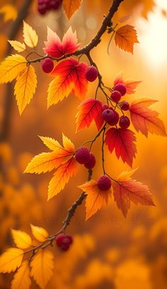 autumn leaves and berries on a branch with the sun shining in the backround