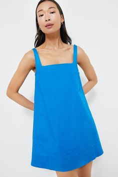 Blue Mini Dress With Straight Neckline, Blue Square Neck Dress With Adjustable Straps, Casual Blue Mini Dress With Straight Neckline, Modern Blue Summer Dress, Modern Blue Dress For Summer, Blue Square Neck Sundress, Modern Mini Dress With Straight Neckline For Summer, Chic Blue Mini Dress With Square Neck, Modern Summer A-line Mini Dress