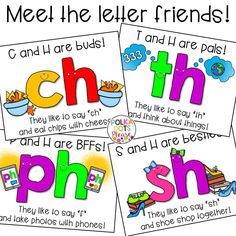 three posters with words that say, meet the letter friends and catch the phonics