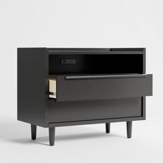 a black cabinet with two drawers on one side and an open drawer on the other